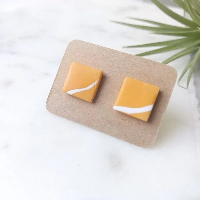 Stud Earrings - ochre or mustard and white 'twig' squares, pack of 3