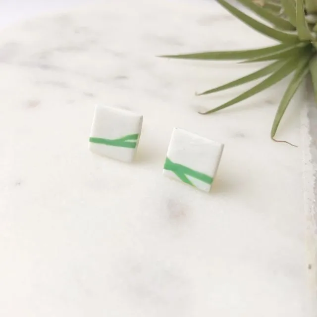 Stud Earrings - green on white 'twig' square studs, pack of 3