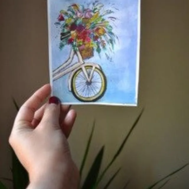 Original Gouache Painting - A bike full of flowers - A6 Postcard/Print
