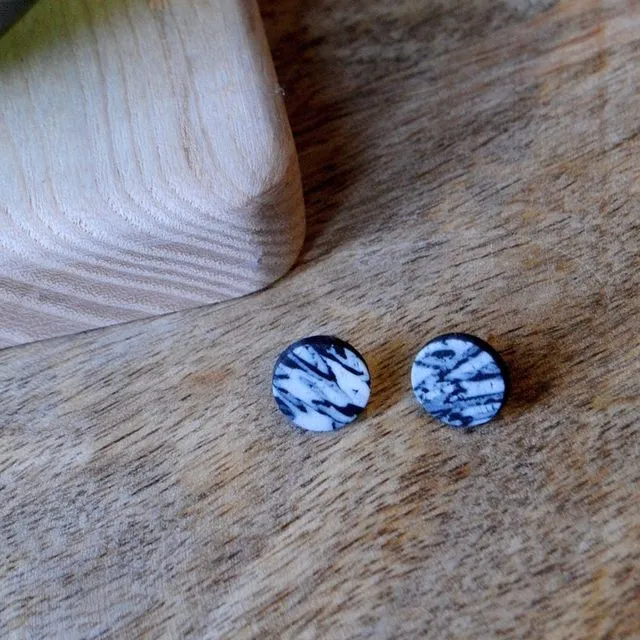 Stud Earrings - black marbled round studs, pack of 3