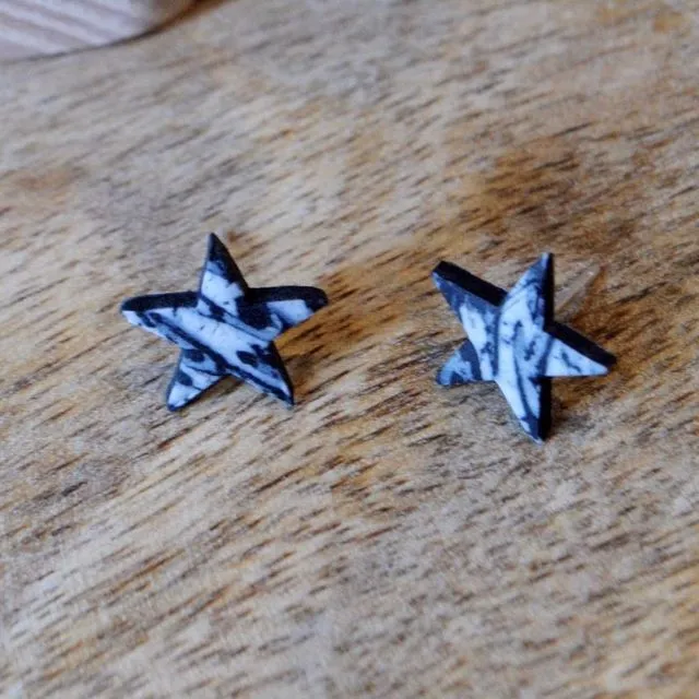 Stud Earrings - black marbled star studs, pack of 3