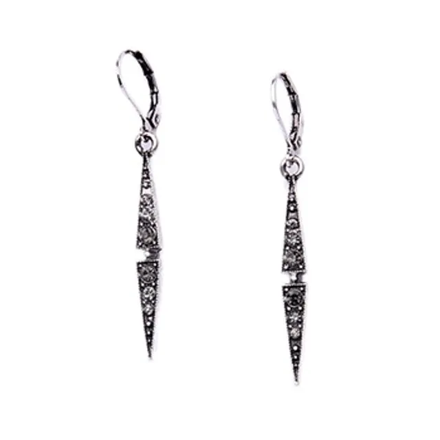 Thin Drop Crystal Earrings in Antique Silver