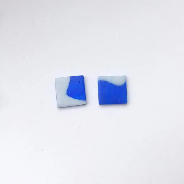 Stud Earrings - blue and white marbled square studs, pack of 3