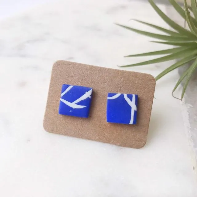 Stud Earrings -  white on blue 'twig' square studs, pack of 3