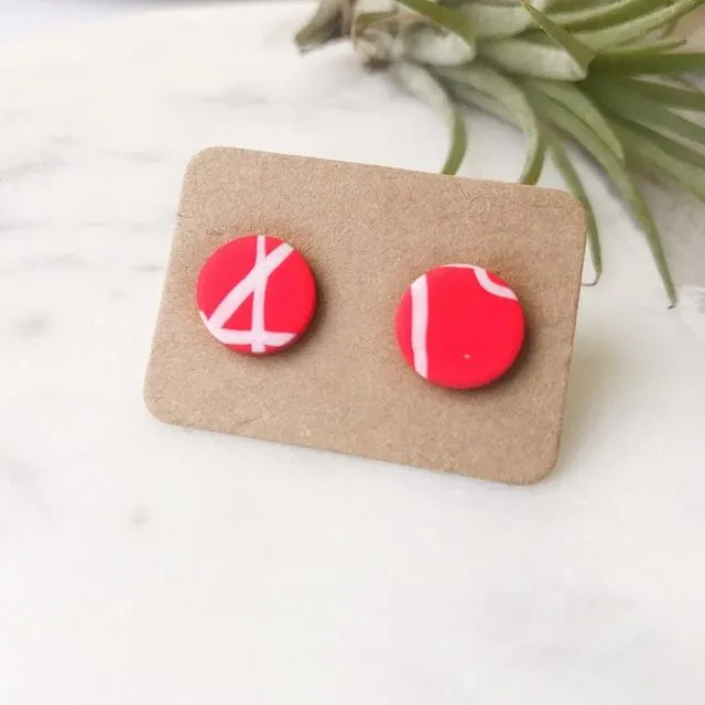 Stud Earrings -  white on red 'twig' round studs, pack of 3