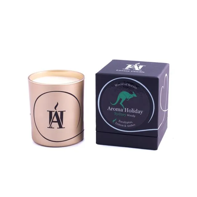 Luxury SYDNEY Woody Scented Candle by Aroma Holiday