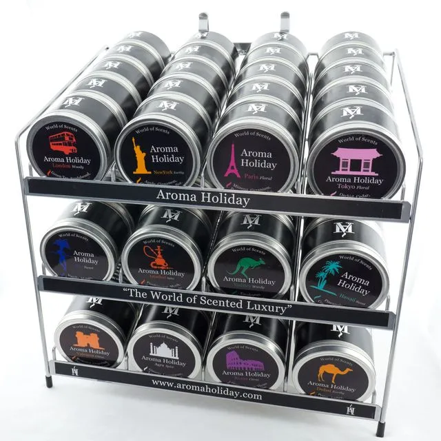 BUNDLE OFFER - WORLD STAY-CATION CANDLE TINS x 48, HANDY COUNTER TOP STAND & GRAPHIC