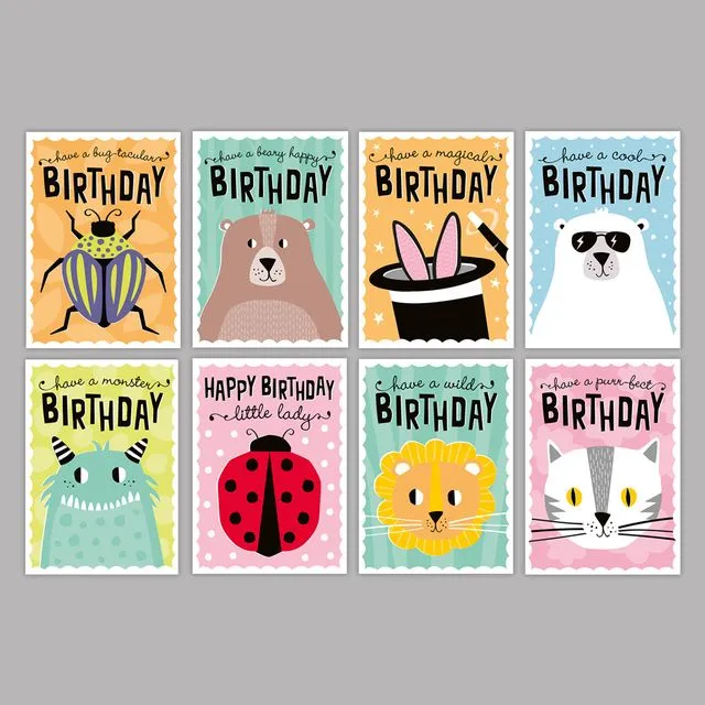 Kids birthday cards - PACK OF 8 MIXED DESIGNS