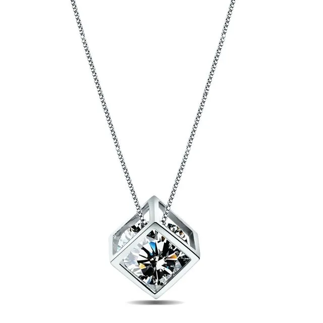 Sterling Silver Created Diamond Cube Pendant Necklace