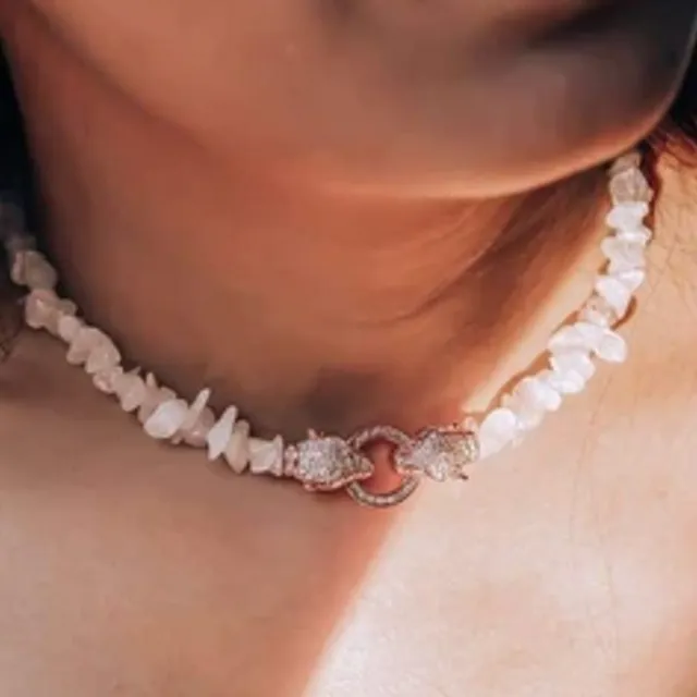 Gemstone Choker Necklace - Rose Quartz with rose gold buckle