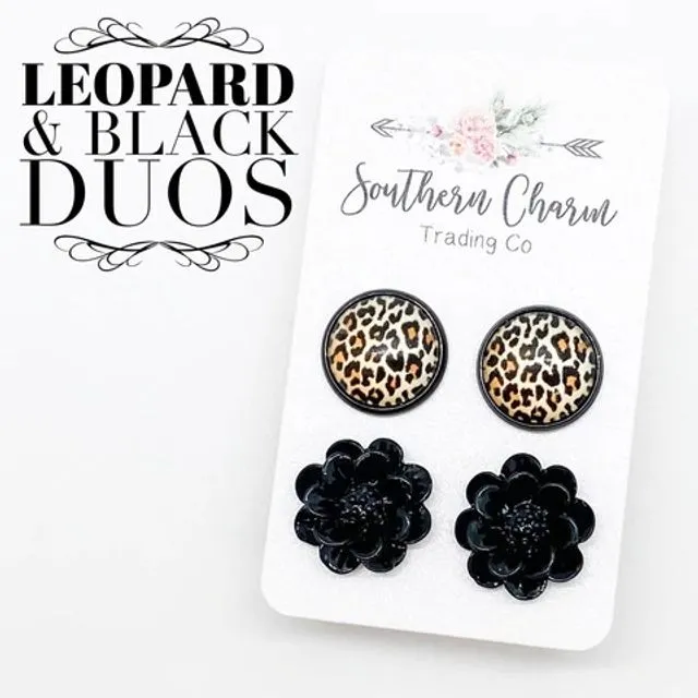 12mm Golden Leopard & Black Flowers in Black Settings
