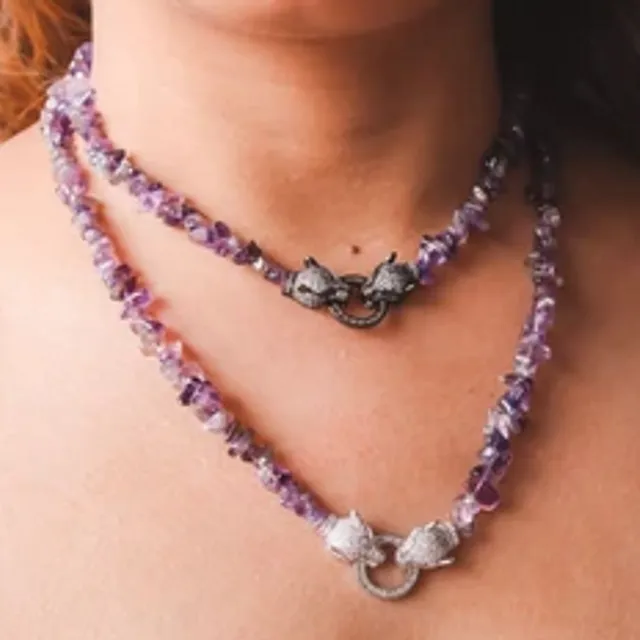 Gemstone Choker Necklace - Amethyst Quartz with black buckle
