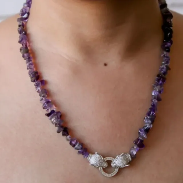 Gemstone necklace with Natural Stones / Sunglass chain - Amethyst (purple) stones with Silver buckle