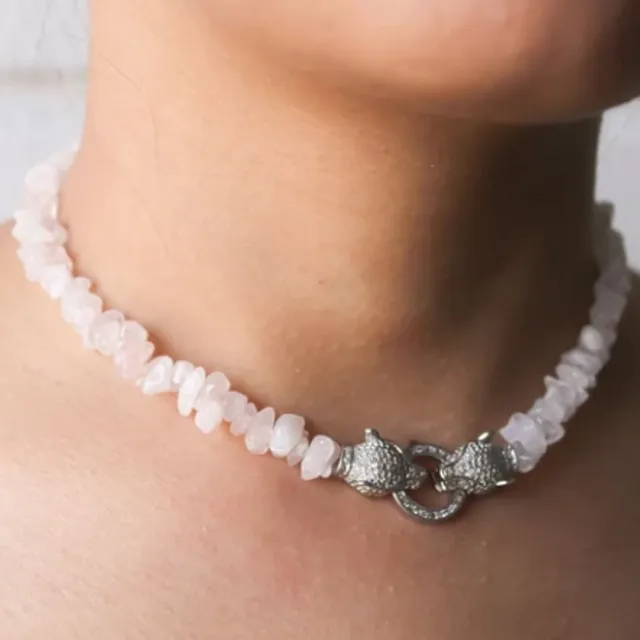 Gemstone Choker Necklace - Rose Quartz with silver buckle