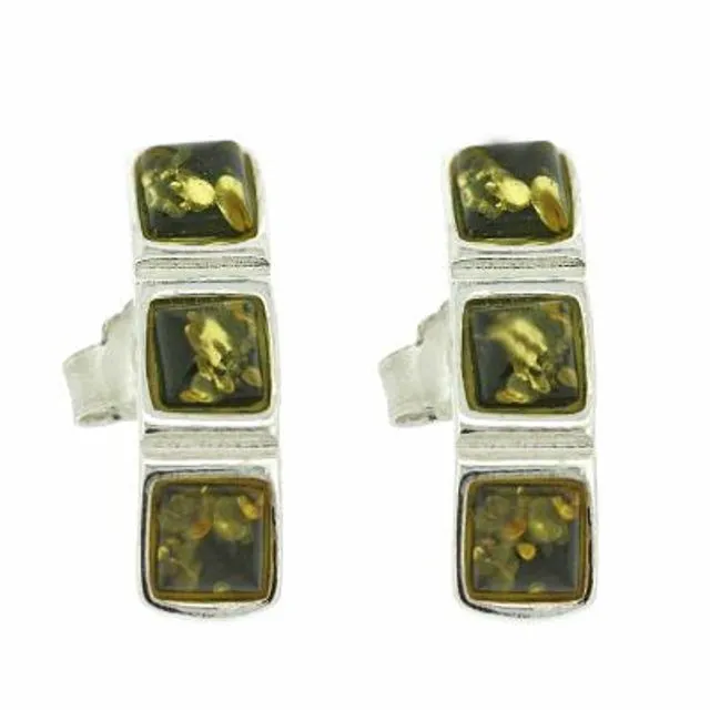 Three Stone Stud Earrings in Green Amber and Sterling Silver