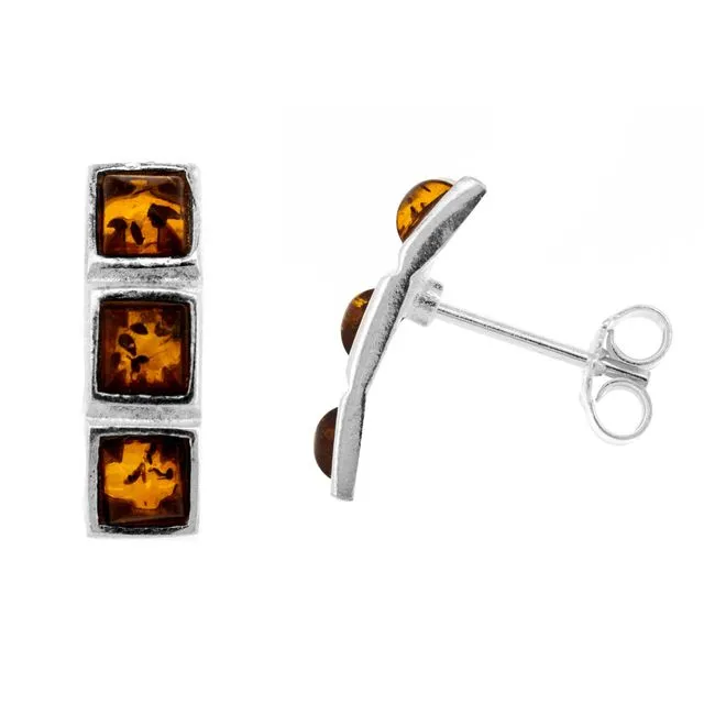 Three Stone Stud Earrings in Orange Amber and Sterling Silver
