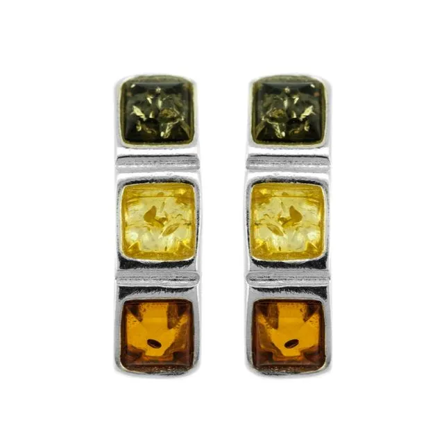 Three Stone Stud Earrings in Mixed Amber and Sterling Silver