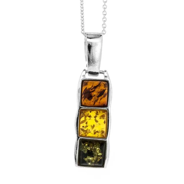 Three Stone Pendant in Mixed Amber And Sterling Silver with 18" Trace Chain