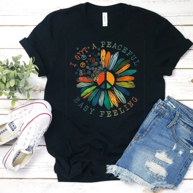 “I’ve Got a Peaceful Easy Feeling” T-Shirt with Sunflower and Peace Signs