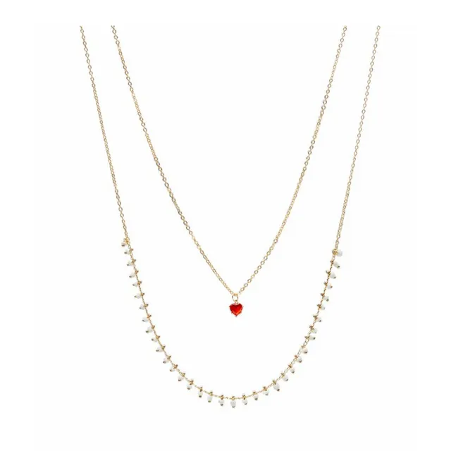 Ruby Heart &amp; White Bead Chain Double Layer Necklace