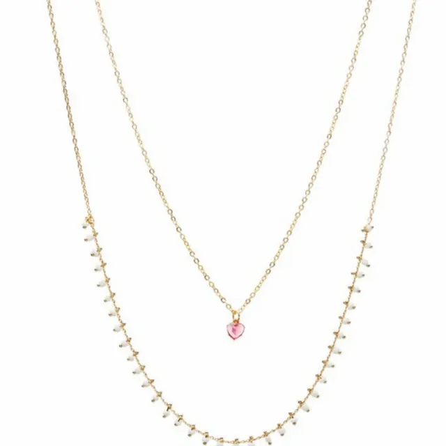Fuchsia Heart &amp; White Bead Chain Double Layer Necklace