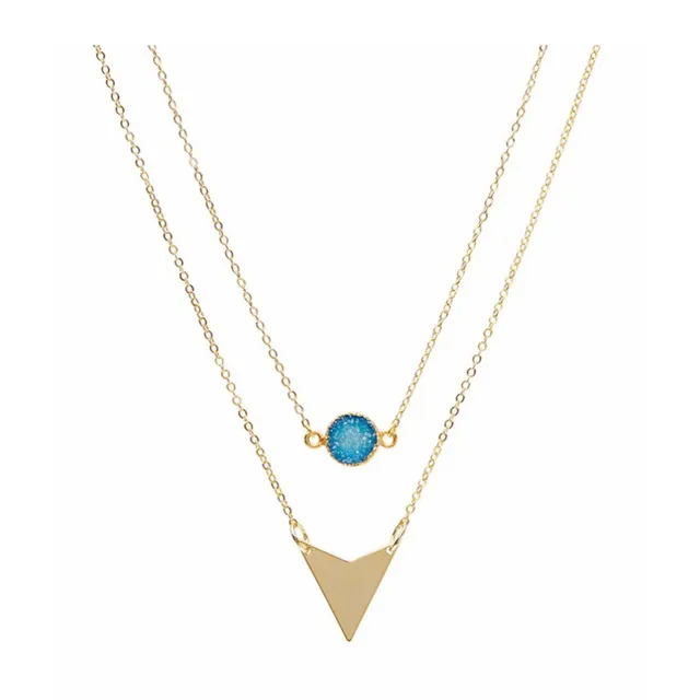 Blue Druzy &amp; Gold Triangle Double Layer Necklace