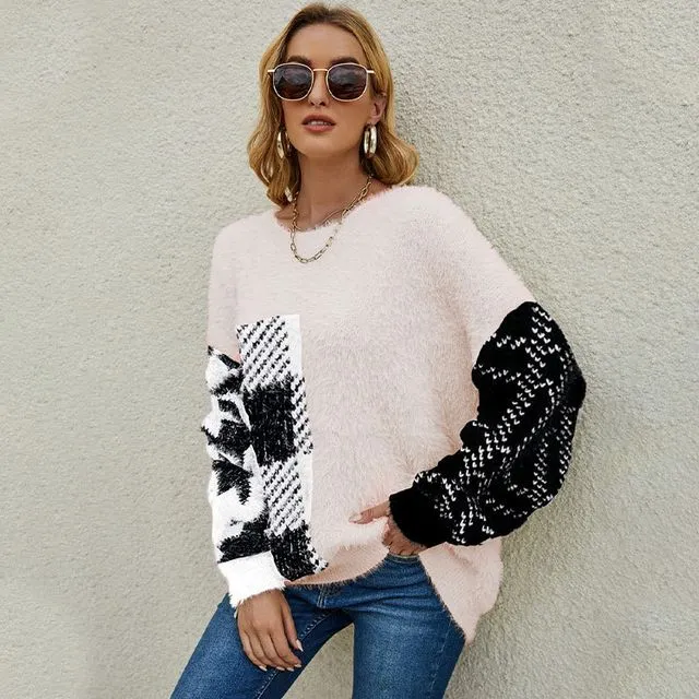 Women's Crew Neck Leopard Print Colorblock Loose Knit Sweater
