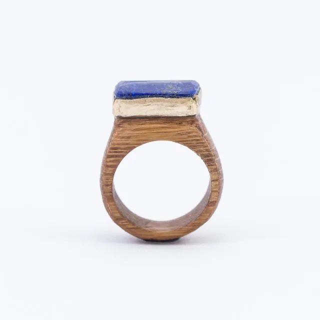 CRYSTAL & WOOD with GOLD ring - FLAT setting