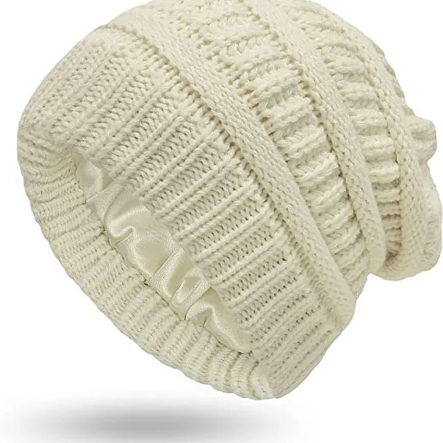 Womens Winter Warm Knitted Hat Satin Silk Lined Cable Knit Beanie Chunky Slouchy Skull Cap