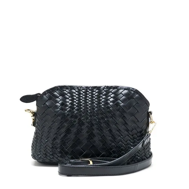 RIA Hand Woven Leather Crossbody Bag in Black