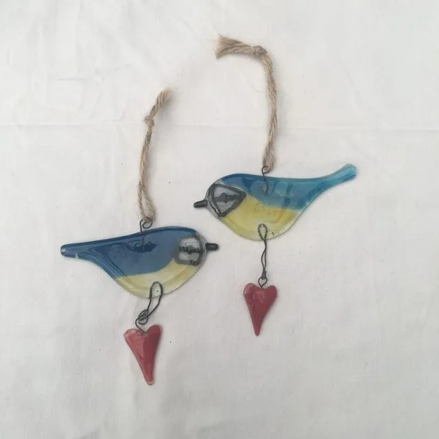 glass hanging blue tit with heart