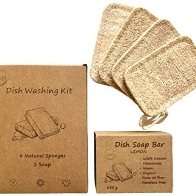 Natural Loofah Dish Washing Kit, 250 g Dish Washing Soap Bar + 4 Loofah