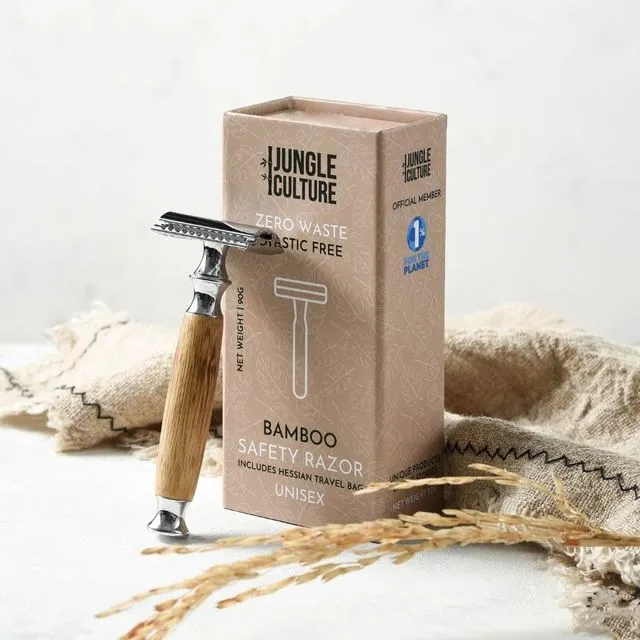 Reusable Bamboo Safety Razor w/ Natural Jute Travel Pouch + Kraft Paper Gift Box (Unisex) - Thick Light