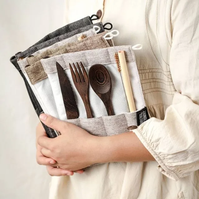 Reclaimed Handmade Dark Wood Cutlery Set - DARK GREY BAG