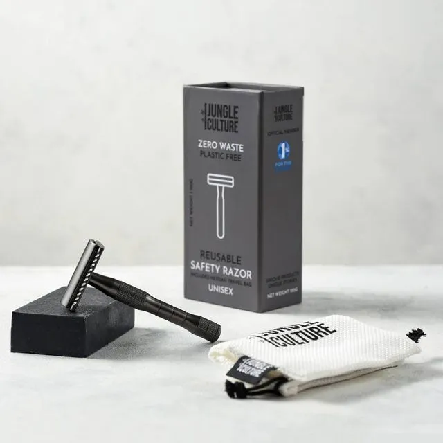 Black Safety Razor with Travel Pouch (Eco-friendly Reusable Metal Safety Razor in Gift Presentation Box)