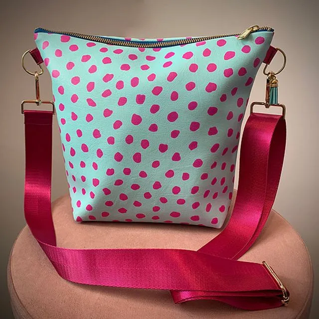 Turquoise and Pink Spots Shell Vegan Leather Handbag