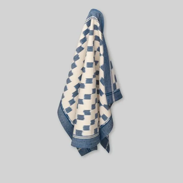 Tea towel, handwoven ikat, block pattern with border in blue/ecru