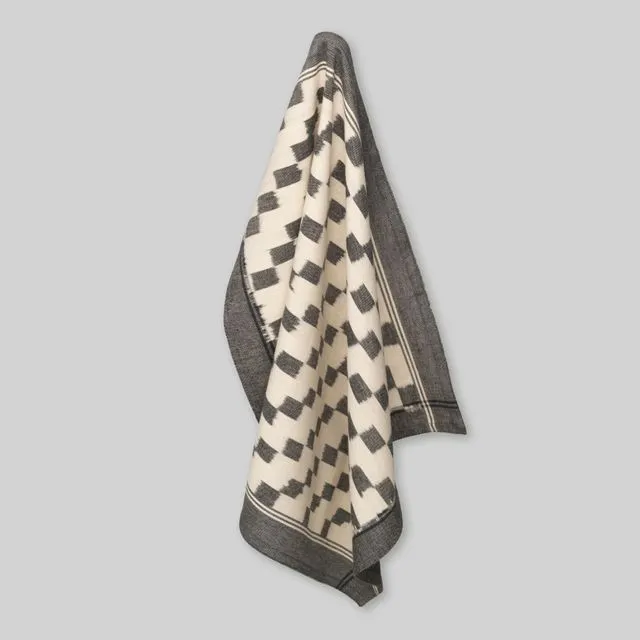 Tea towel, handwoven ikat, block pattern with border in grey/ecru