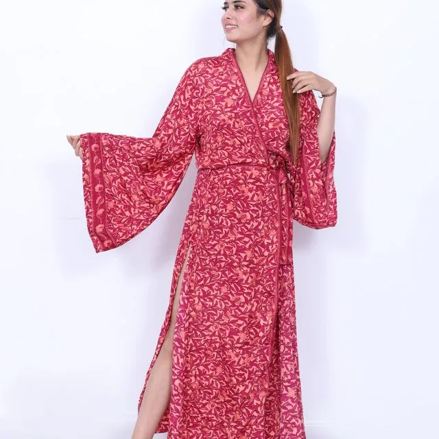 Beautiful printed side split kimono dress with flared sleeves and side tie