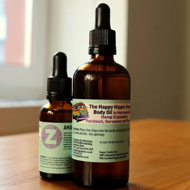 The Happy Hippie Organic Body Oil in Harmonising Hemp (Cannabis Flower), Patchouli, Geranium and May Chang
