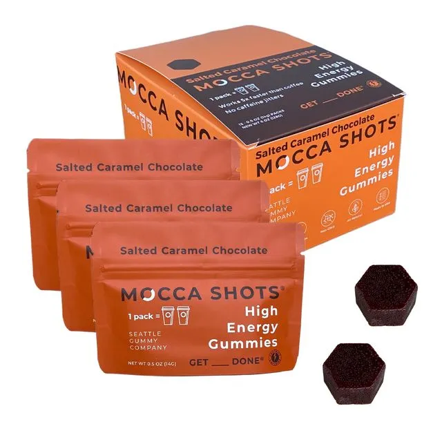 Mocca Shots High Energy Gummies with Caffeine (Salted Caramel Chocolate) | 12-Pack