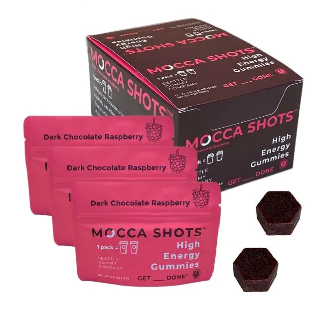 Mocca Shots High Energy Gummies with Caffeine (Raspberry Chocolate) | 12-Pack