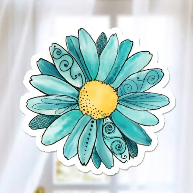Watercolor Teal Daisy Sticker, Waterproof Flower Decal