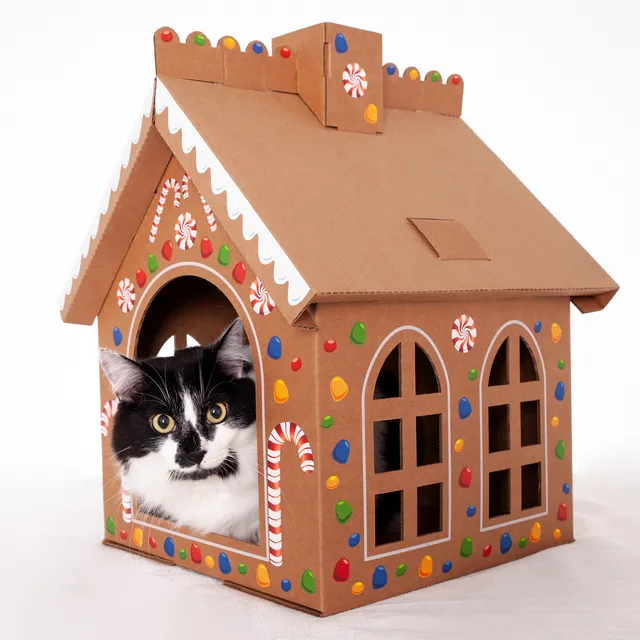 Gingerbread Cardboard Box Playhouse For Cats