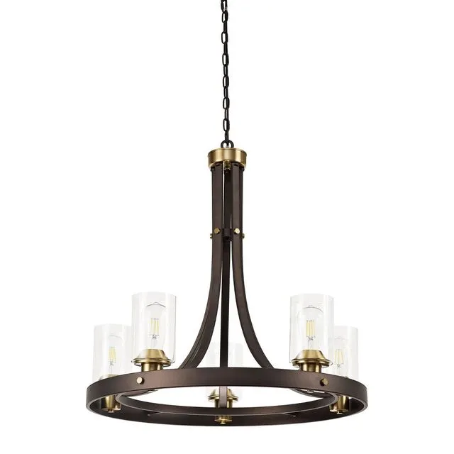 Elsie Pendant 5 Light E27, Brown Oxide/Bronze With Clear Glass Shades
