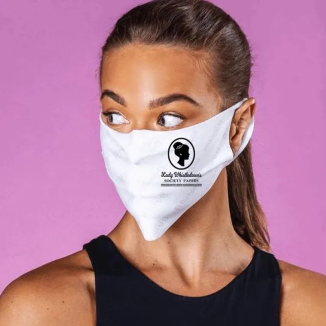 Bridgerton inspired Face Mask featuring phrase Lady Whistledown’s Society Paper Extraordinary People Extraordinary News