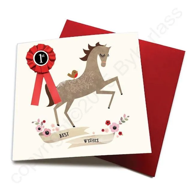 Best Wishes - Horse Greeting Card (with satin ribbon rosette) - CHDC2 (Six pack)