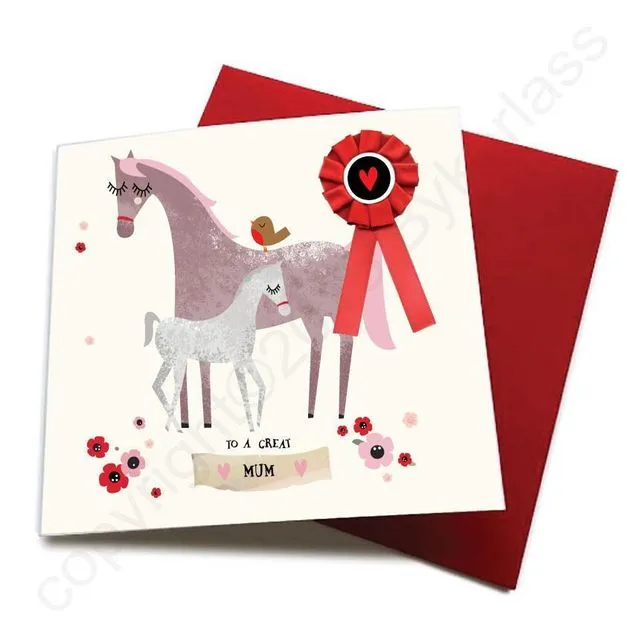 To A Great Mum - Horse Greeting Card (with satin ribbon rosette) - CHDC12 (Six pack)