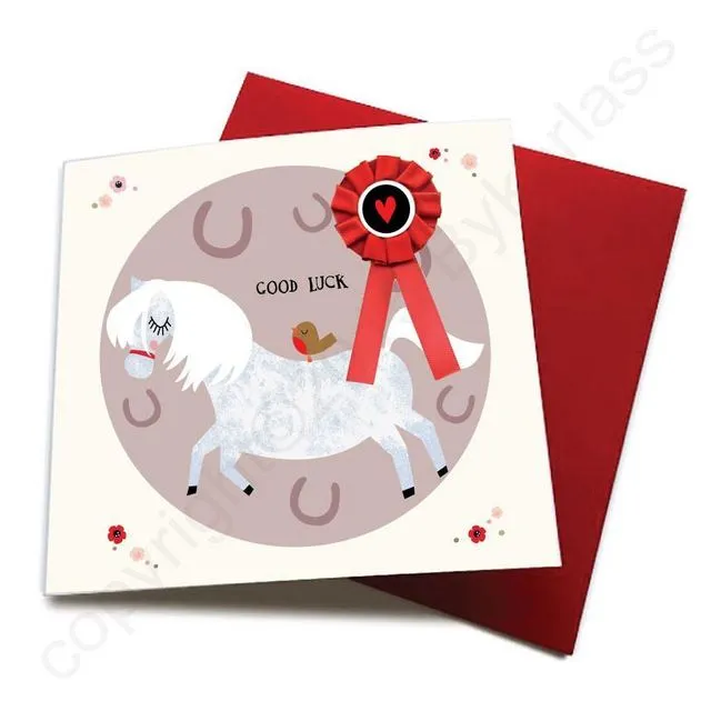 Good Luck - Horse Greeting Card (with satin ribbon rosette) - CHDC15 (Six pack)