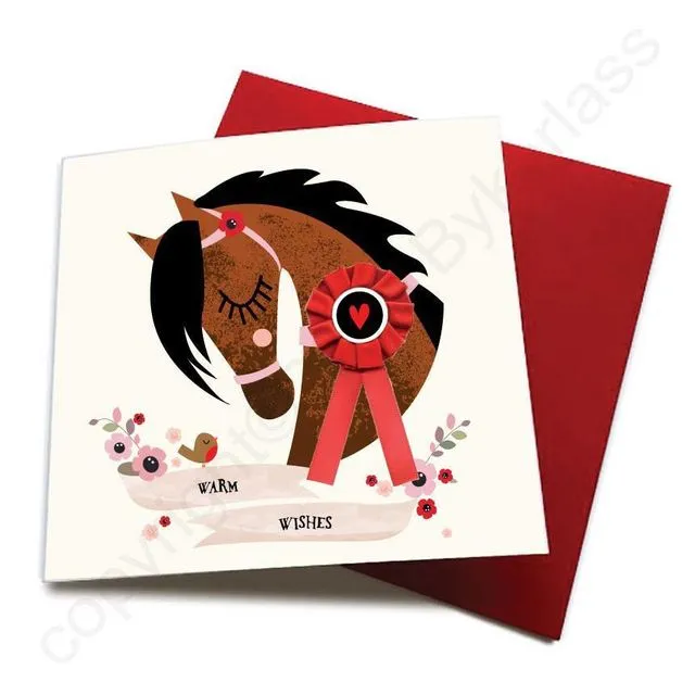 Warm Wishes - Horse Greeting Card (with satin ribbon rosette) - CHDC1 (Six pack)